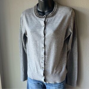 Ann Taylor Jeweled Neck Button Up Solid Long Sleeve Top Gray Women's M